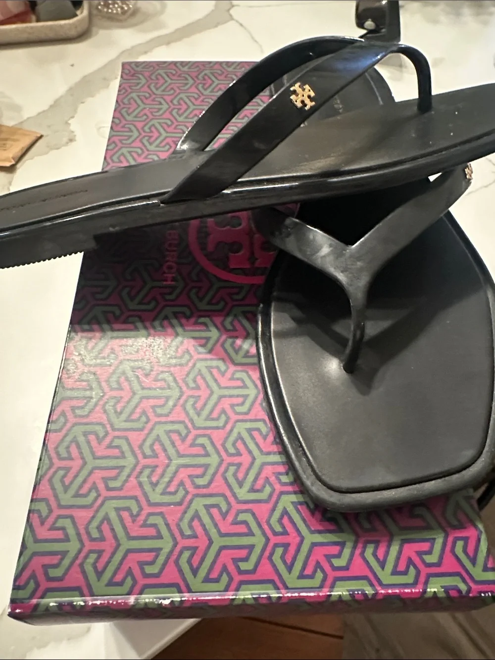 Tory Burch Black Square-Toe Jelly Thong Sandals